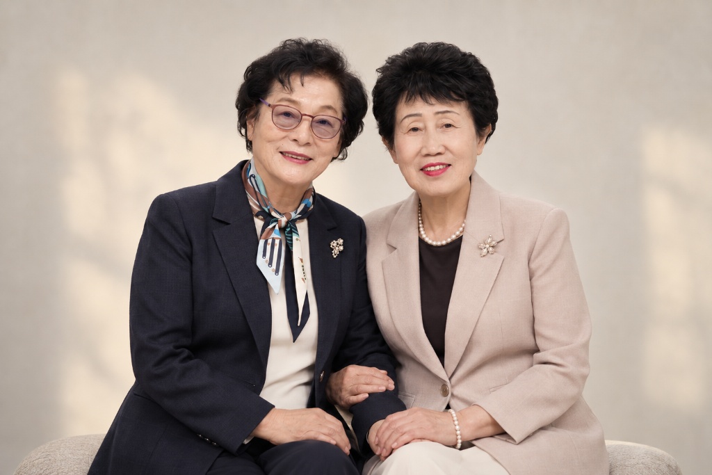 어르신 두 분이 정장 차림으로 나란히 앉은 사진
