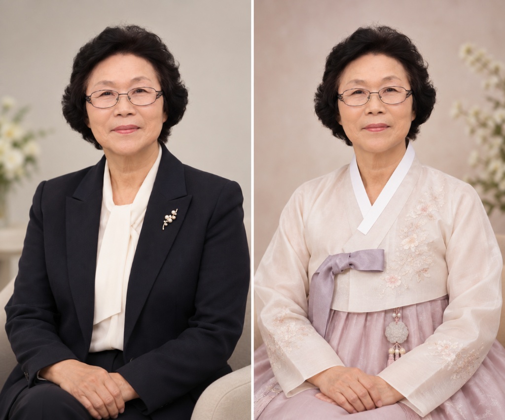 같은 어르신의 정장 스타일 사진(왼쪽)과 한복 스타일 사진(오른쪽)